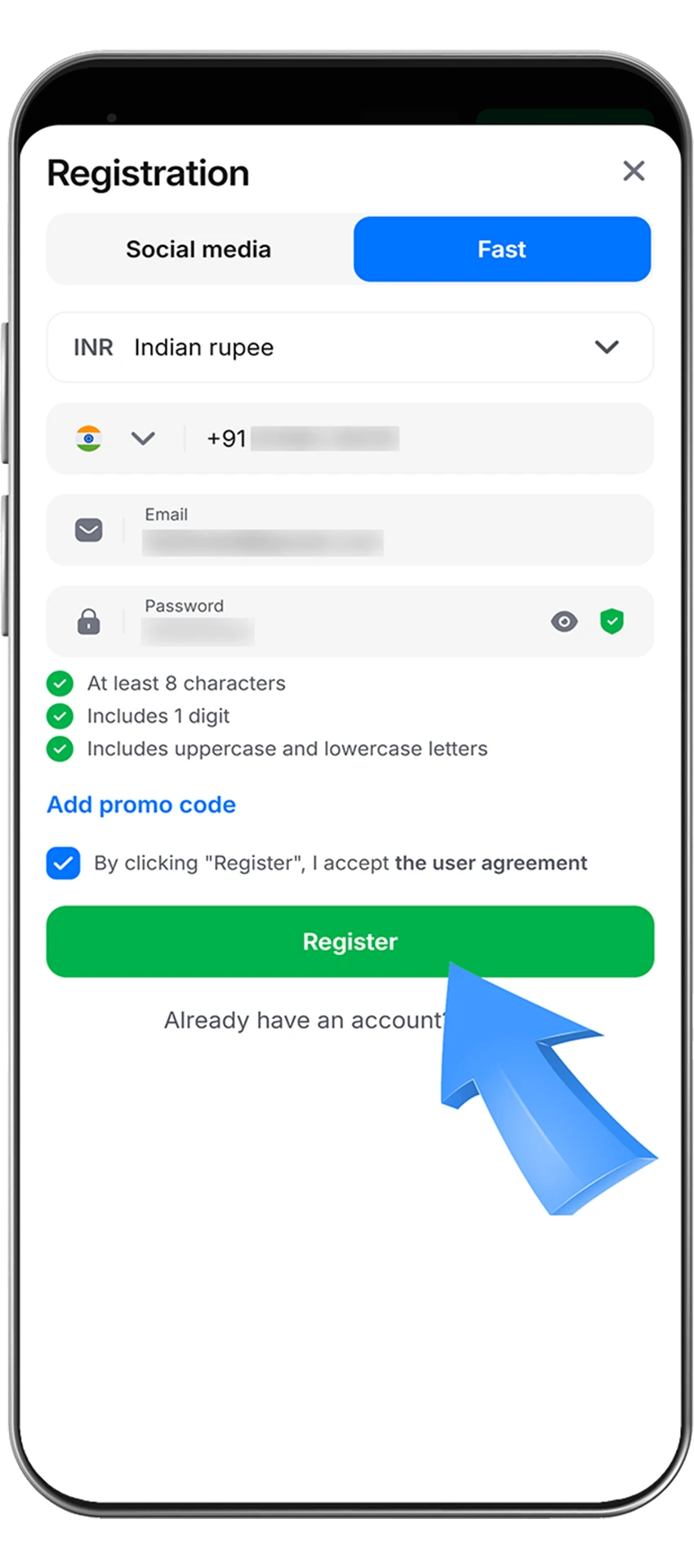 Registration button on 1Win website
