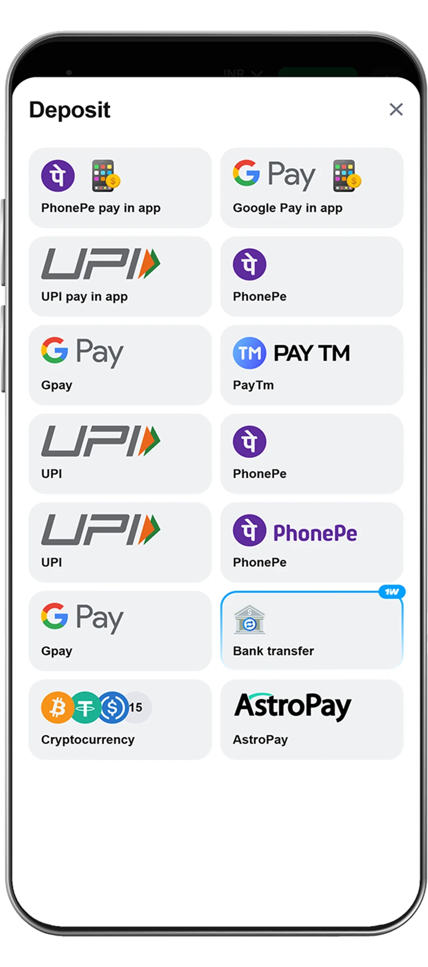 Payment method selection for deposits at 1win