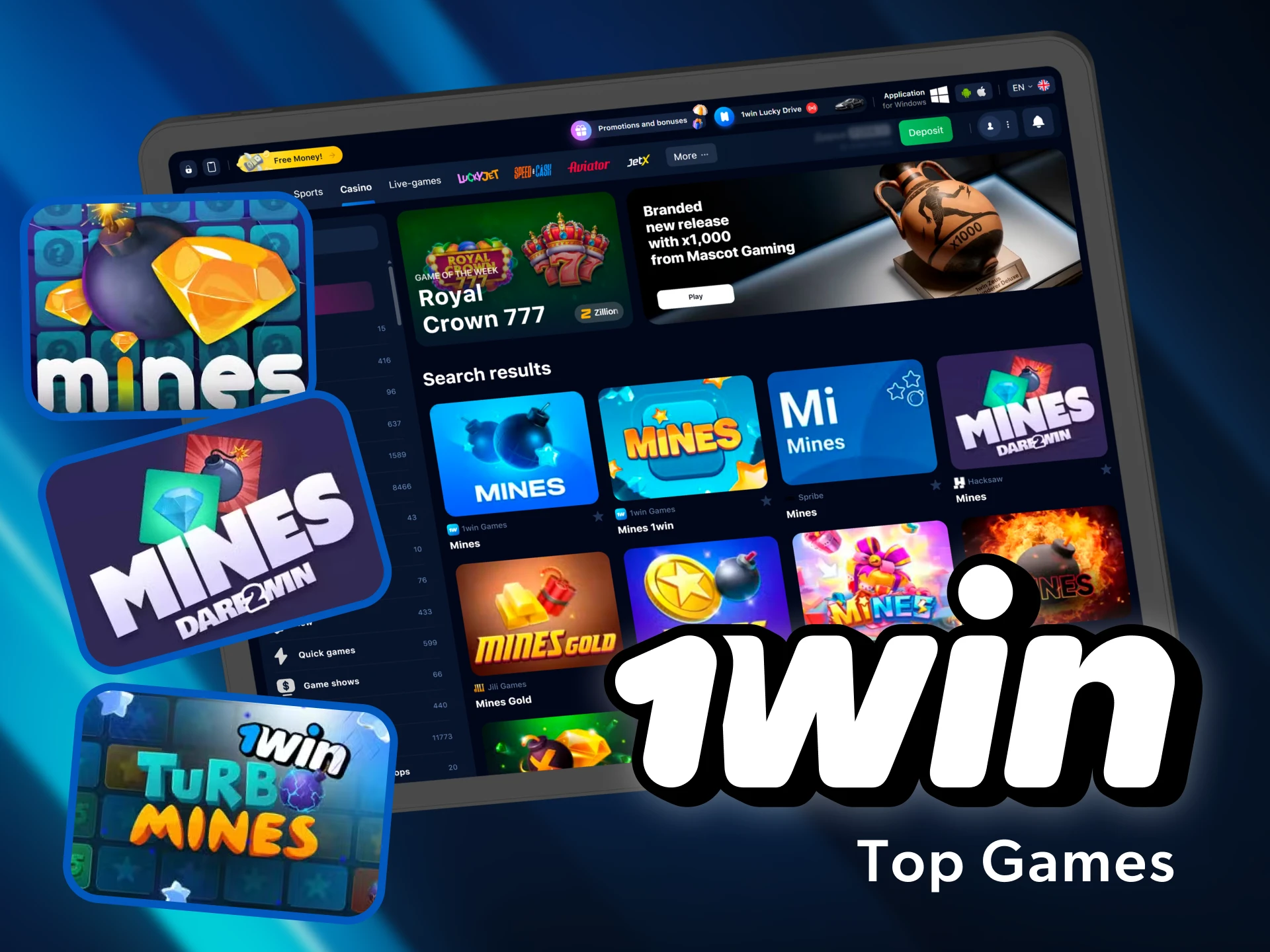 Choose the most popular mine games in the 1win online casino.