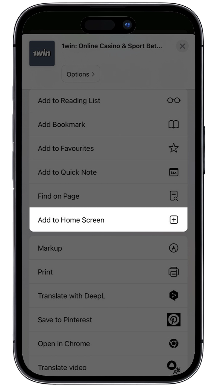 Add 1win to home screen from the menu