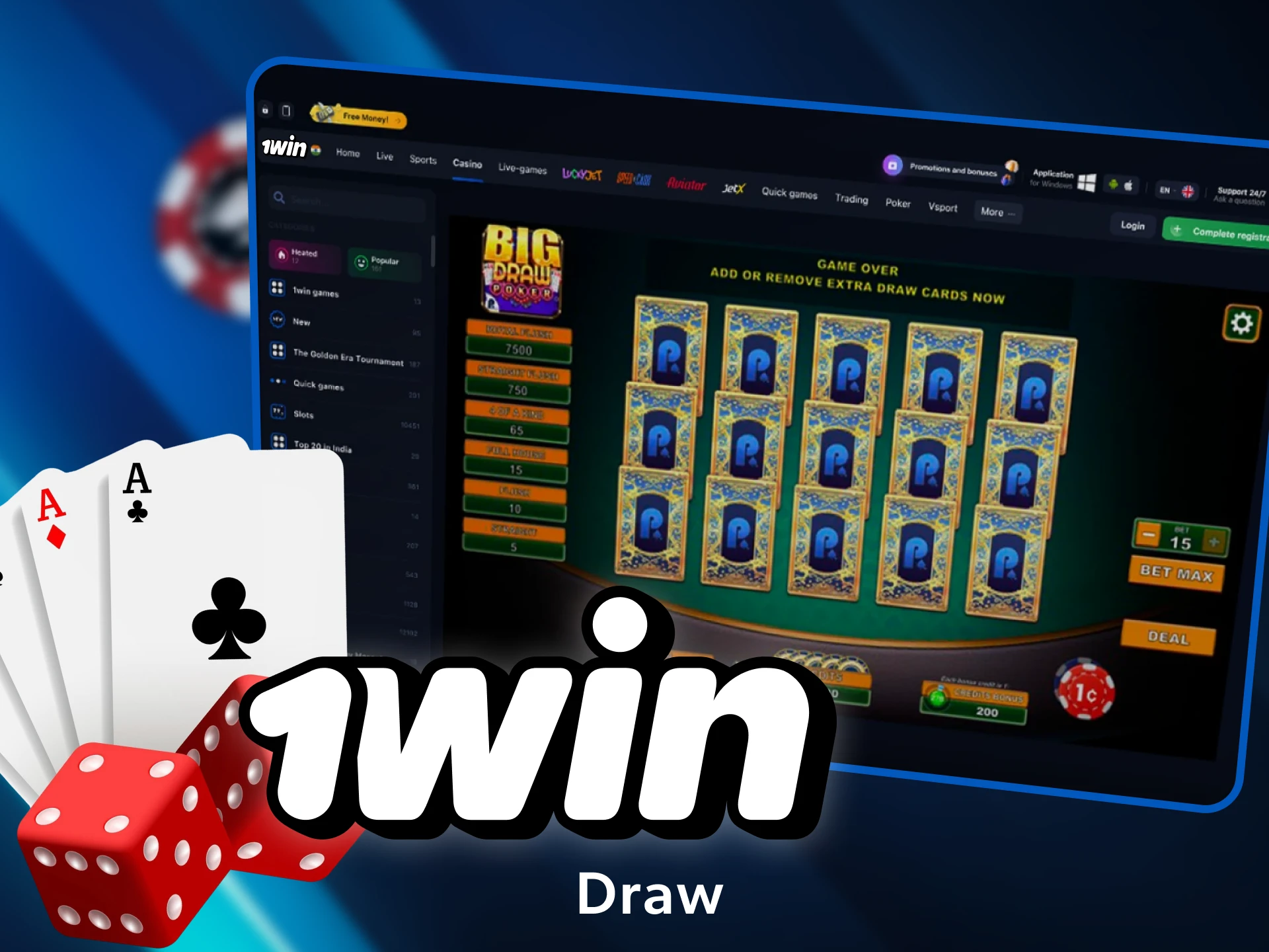 Draw version of poker is a great way of playing in the 1win casino.